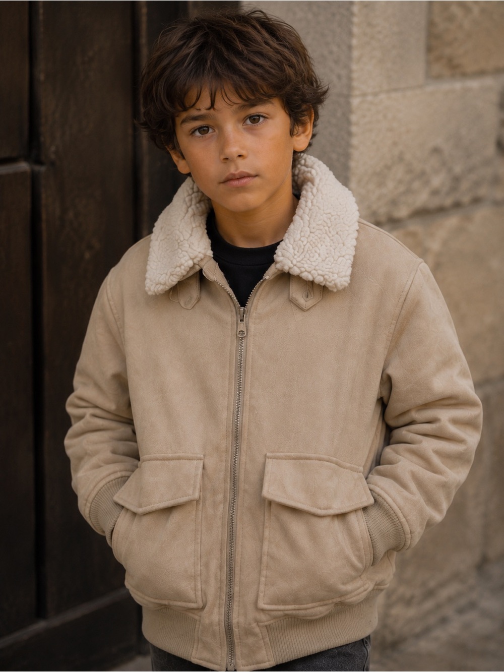 Zara Kids Faux Suede Sherpa Lined Aviator Bomber Puffer Jacket Size 8-9